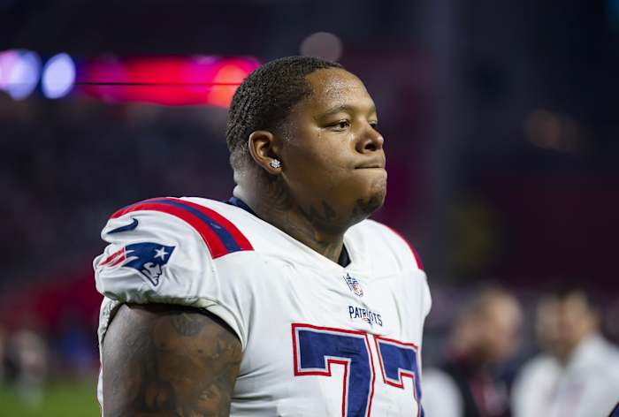 Dec 12, 2022; Glendale, Arizona, USA; New England Patriots offensive tackle Trent Brown (77) against the Arizona Cardinals at State Farm Stadium. Mandatory Credit: Mark J. Rebilas-USA TODAY Sports